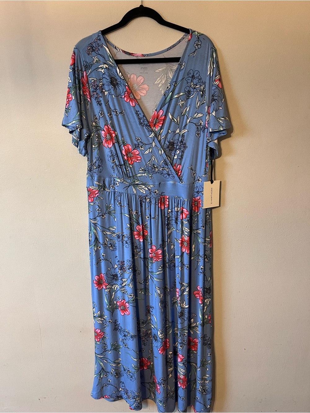 41 Hawthorn Blue Floral Wrap Maxi Dress with Pink Accents